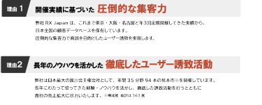 ●理由1：開催実績に基づいた圧倒的な集客力,弊社RX Japanは、これまで東京・大阪・名古屋と年３回定期開催してきた実績から、 日本全国の顧客データベースを保有しています。圧倒的な集客力で商談を目的としたユーザー誘致を実現します。●理由2：長年のノウハウを活かした 徹底したユーザー誘致活動,弊社は日本最大の展示会主催会社として、年間35分野94本の見本市※を開催しています。長年にわたって培ってきた経験・ノウハウを活かし、徹底した誘致活動を行うとともに貴社の売上拡大に尽力いたします。※構成展　総計は363展